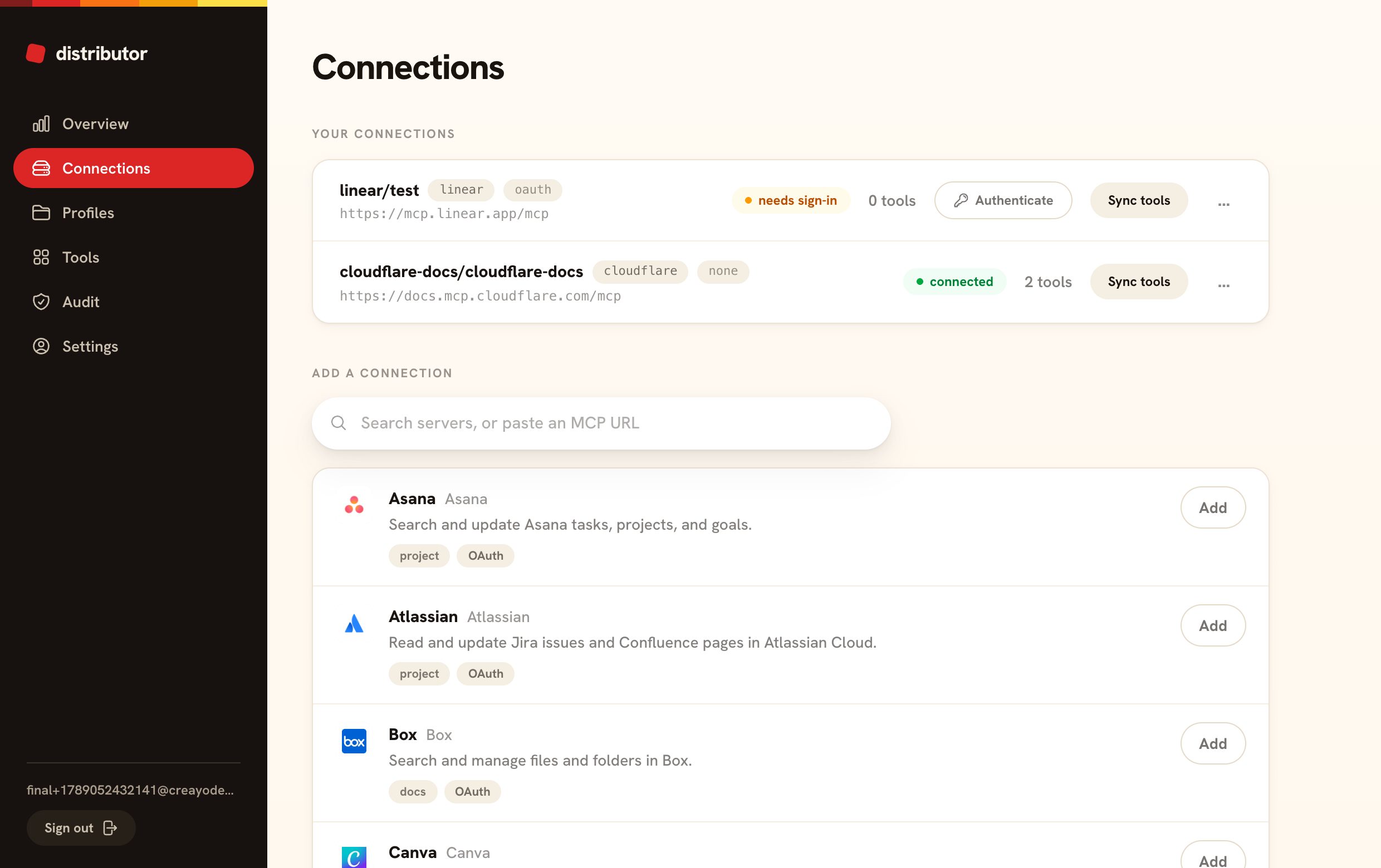The Distributor connections screen with two linked servers and the server finder
